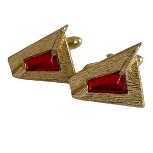 Vintage SWANK Goldtone And Red Stone Triangle Cuff Links
